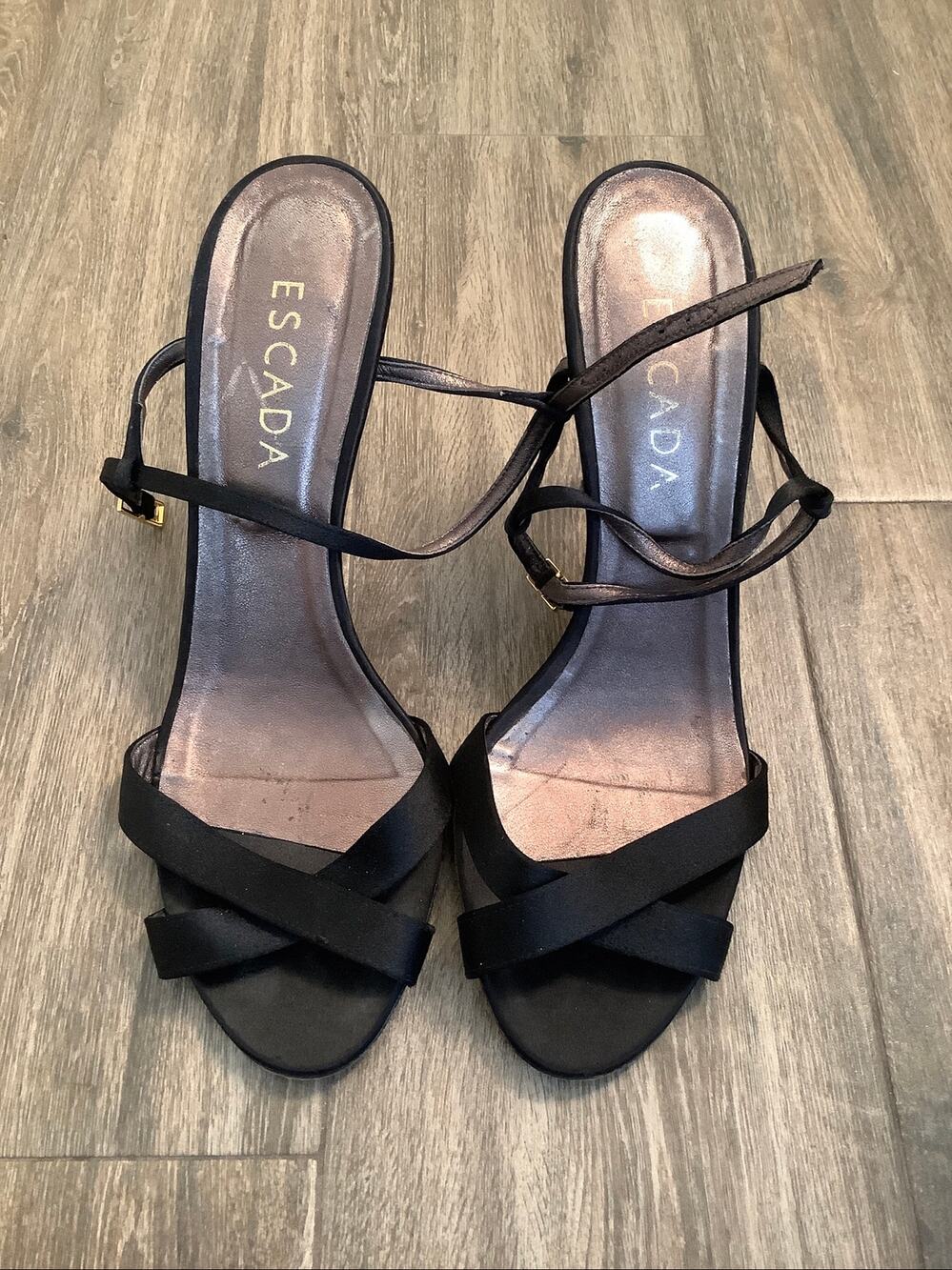 Escada Women's 9 Black Satin Ankle Strap Stiletto Heels Sandals Evening N4-6